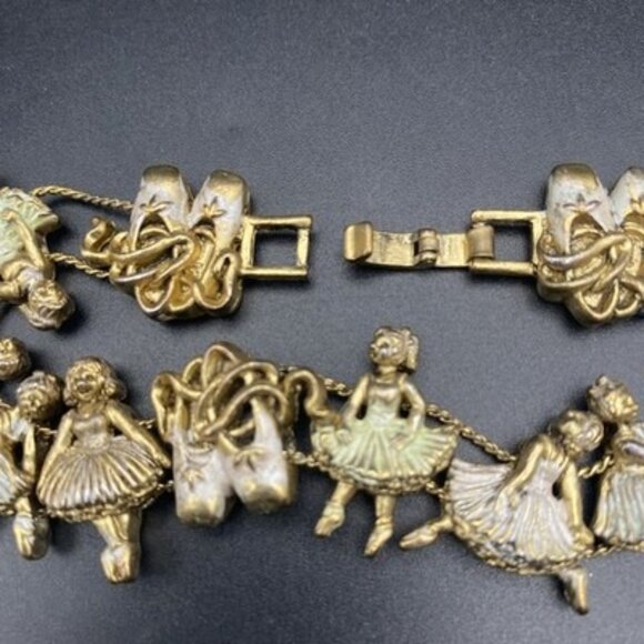 Vtg Ballerina Slide Charm Bracelet Ballet Dance Slippers Silver Wash Gold Tone - Picture 5 of 9